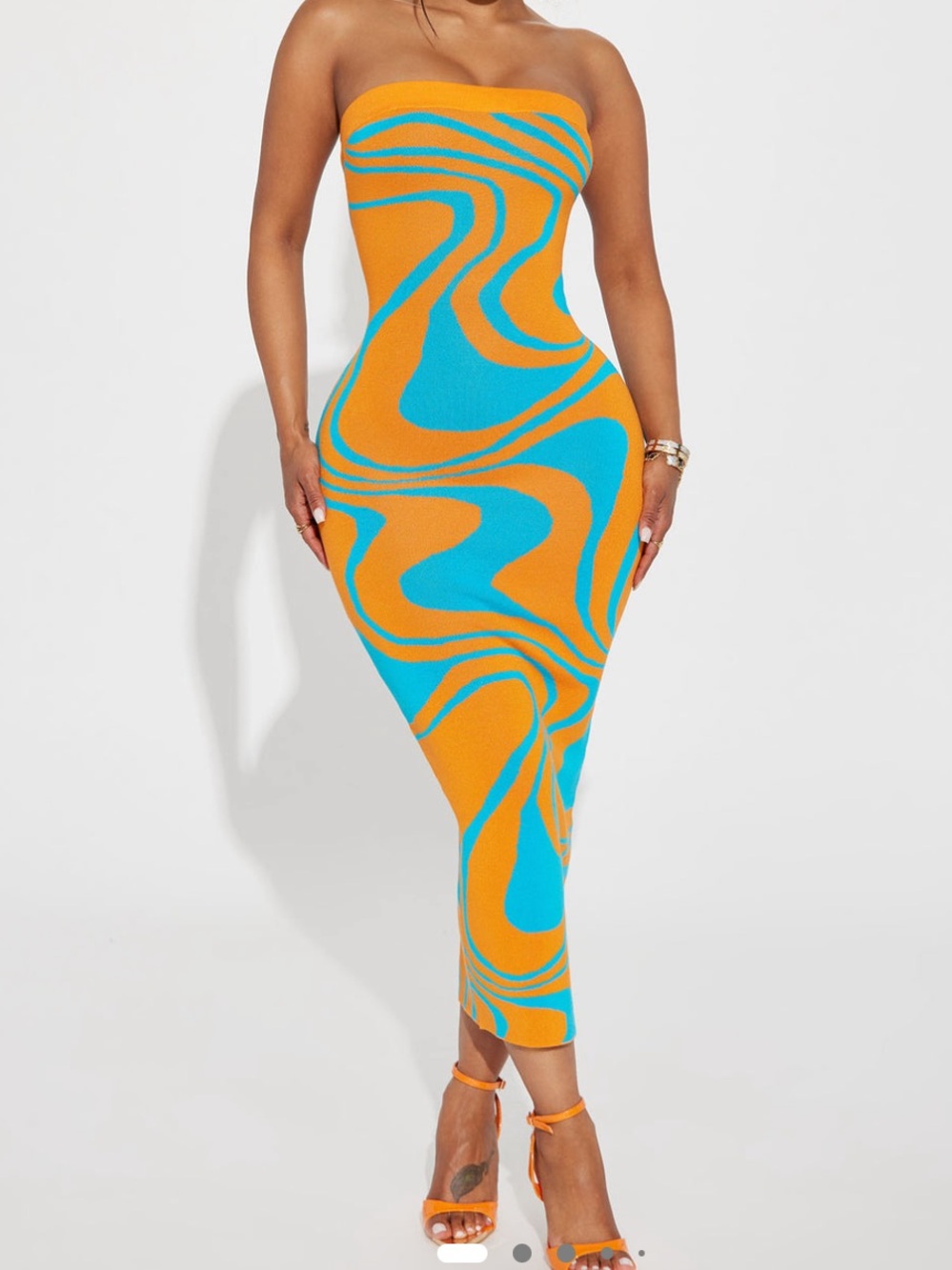 Fashion Nova Strapless Orange & Turquoise Midi Dress